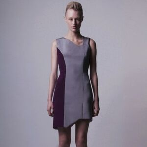 EUC Liz Black 44 Silk and Nappa Leather Grey and Purple Sheath Dress